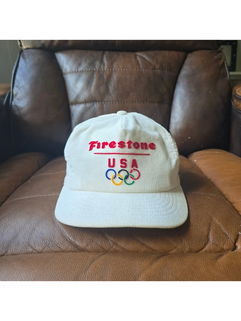 Vintage Firestone USA Olympic Rings Corduroy Snapback Hat Cap Off White Cream